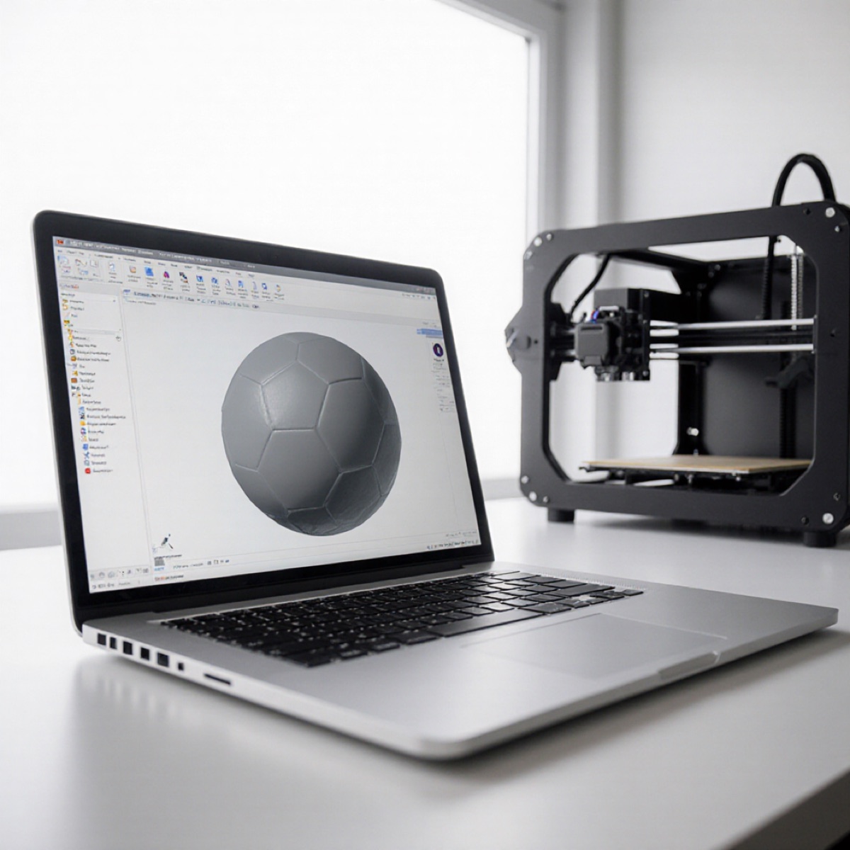 Nešiojamasis kompiuteris su 3D modeliu ekrane ir šalia ant stalo stovintis 3D spausdintuvas